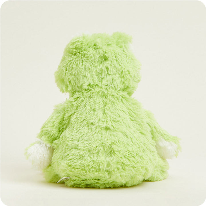 Green frog Warmies stuffed animal plush toy shown from back view