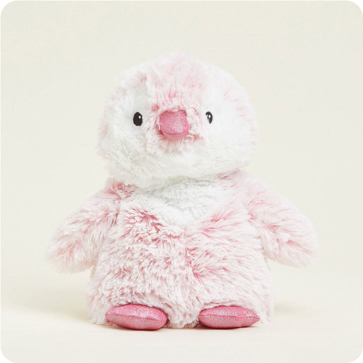 Warmies pink and white fluffy penguin heating pad plush toy with pink beak and feet