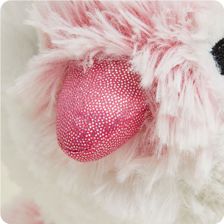 Warmies pink penguin plush toy with fluffy white and pink fur and sparkly sequined nose