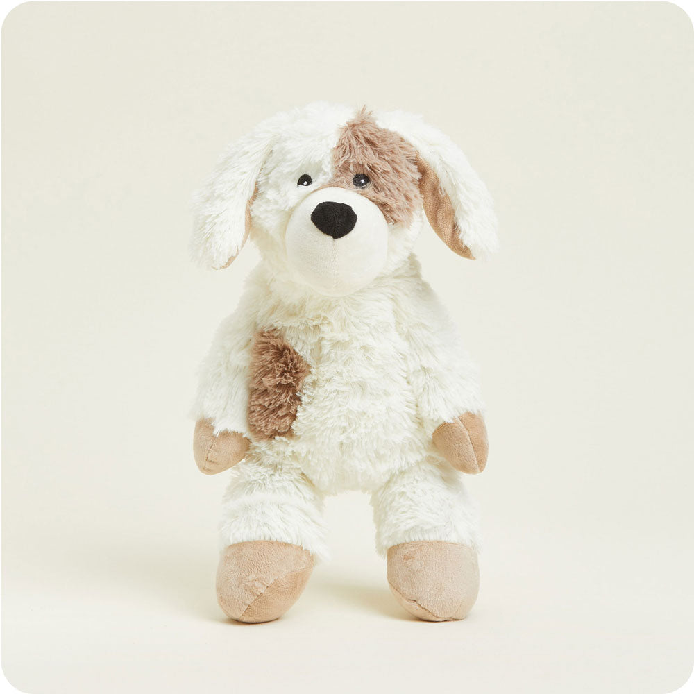 Warmies plush stuffed animal puppy with white and brown fur and black nose