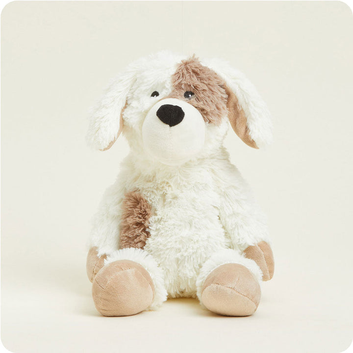 Warmies plush stuffed animal puppy in cream and brown colors sitting upright