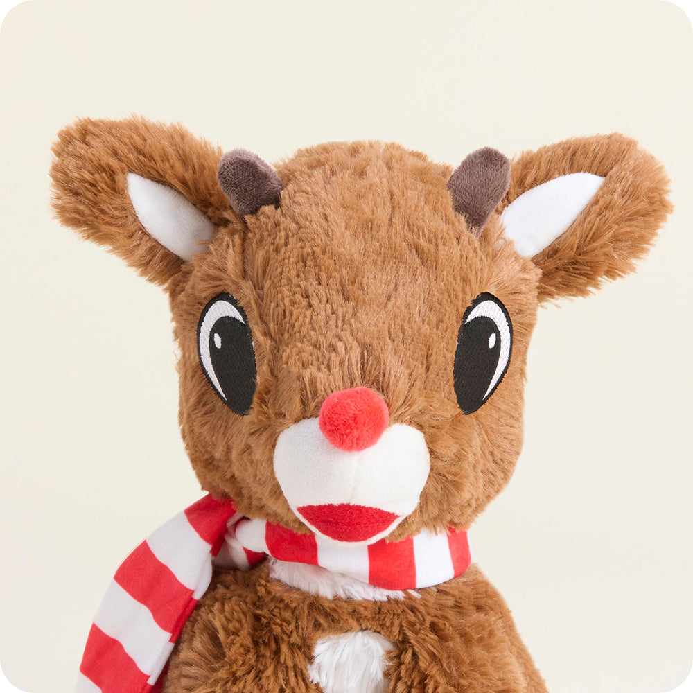 Warmies brown Rudolph reindeer plush toy with red nose and candy cane striped scarf