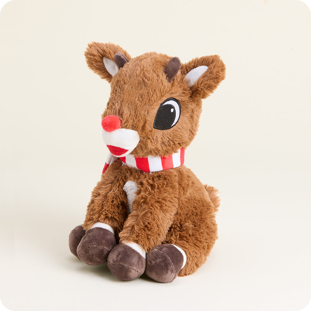 Warmies brown Rudolph reindeer plush toy with red nose and festive striped scarf