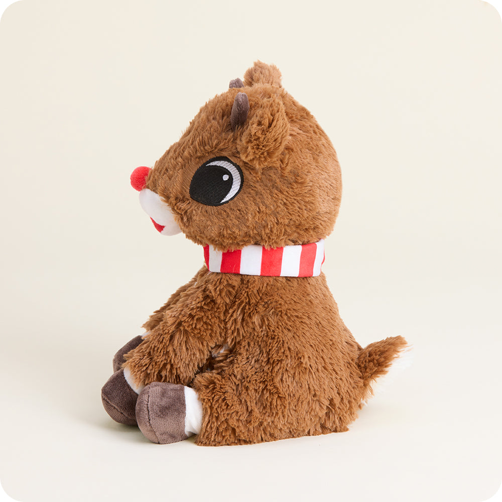Warmies brown plush reindeer stuffed animal with red nose and striped collar