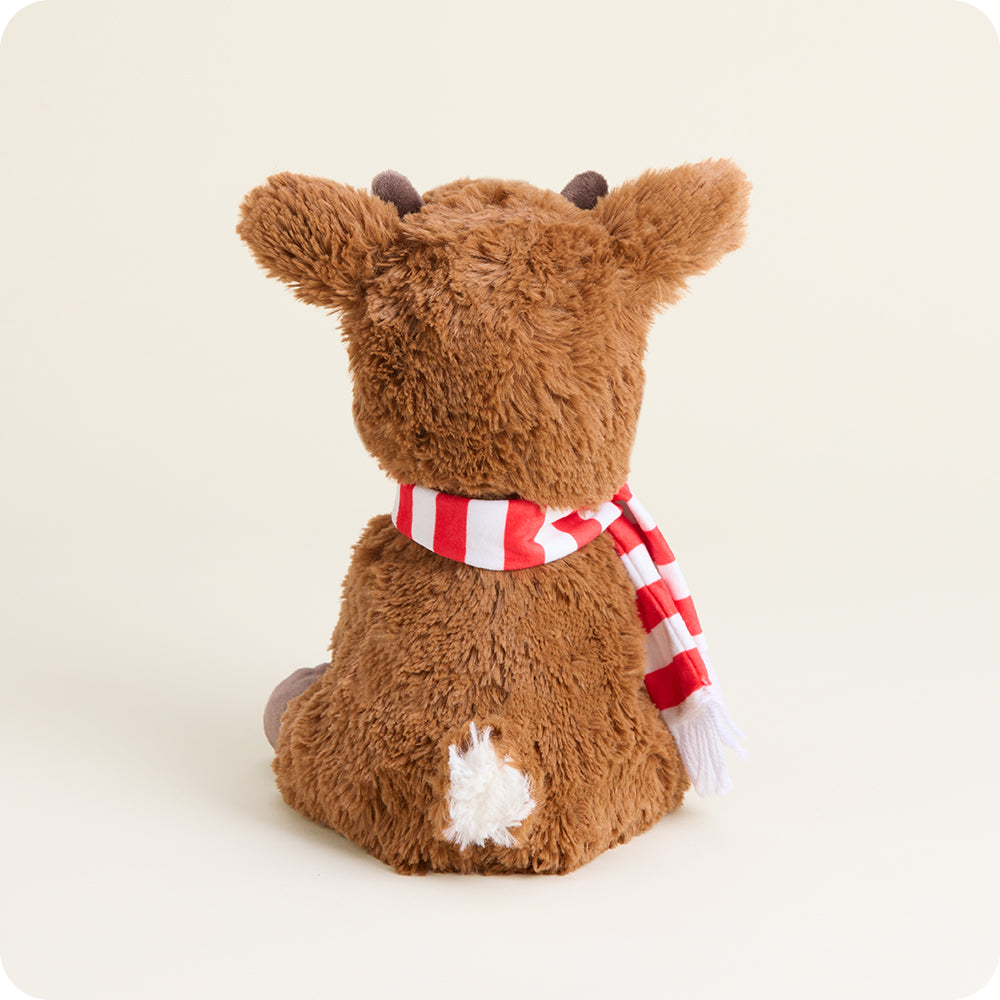 Warmies brown plush reindeer with red striped scarf and white tail