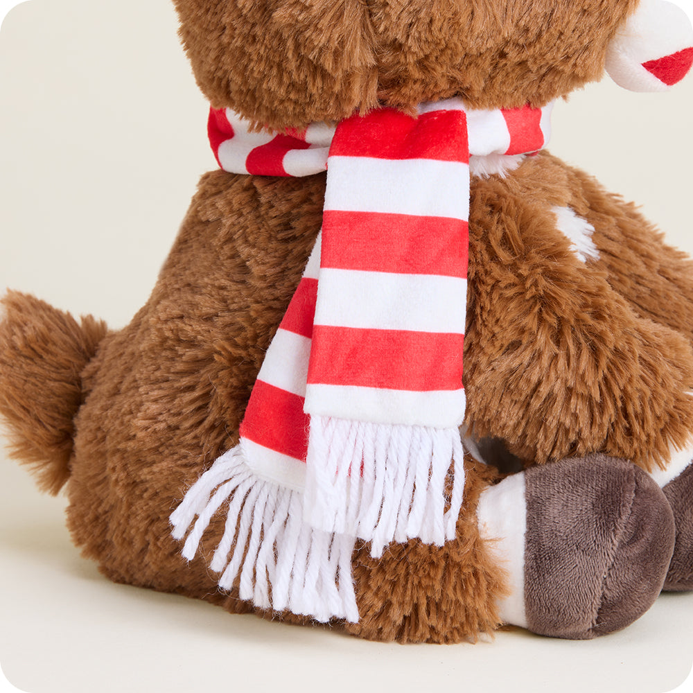 Brown Warmies plush bear wearing red and white striped scarf with white fringe