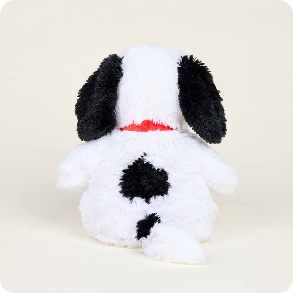 Warmies Snoopy plush toy with white body, black ears and nose, red collar detail