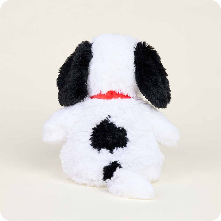Warmies Snoopy plush toy with white body, black ears and nose, red collar detail