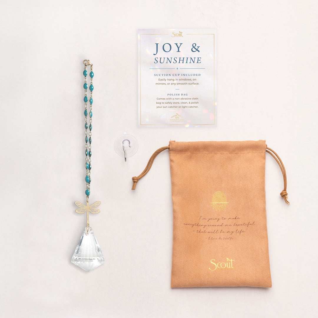 Scout Joy &amp; Sunshine pocket suncatcher with teal beads, crystal prism and dragonfly charm