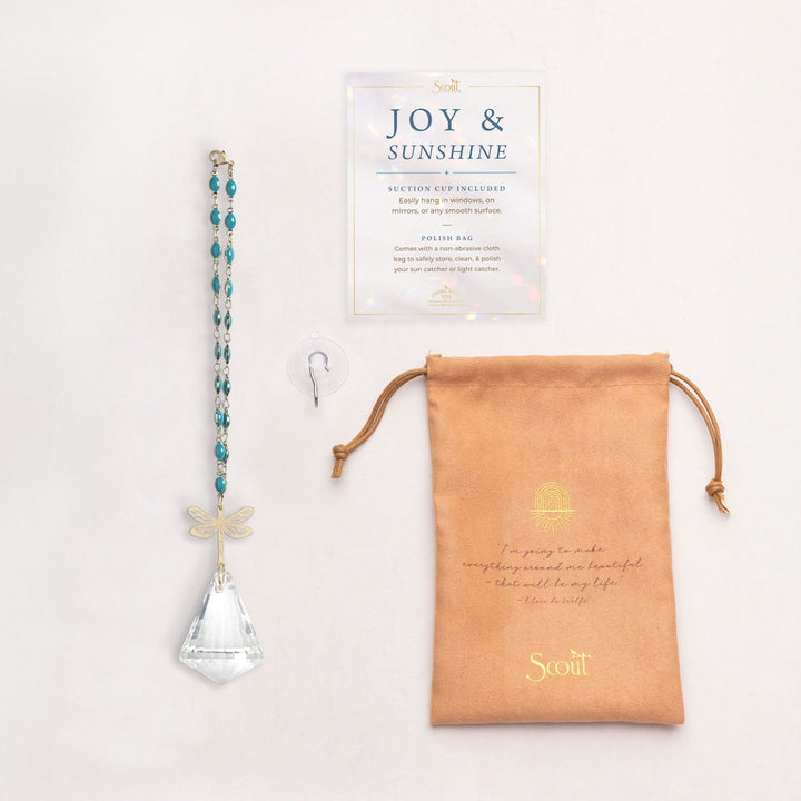 Scout Joy &amp; Sunshine pocket suncatcher with teal beads, crystal prism and dragonfly charm
