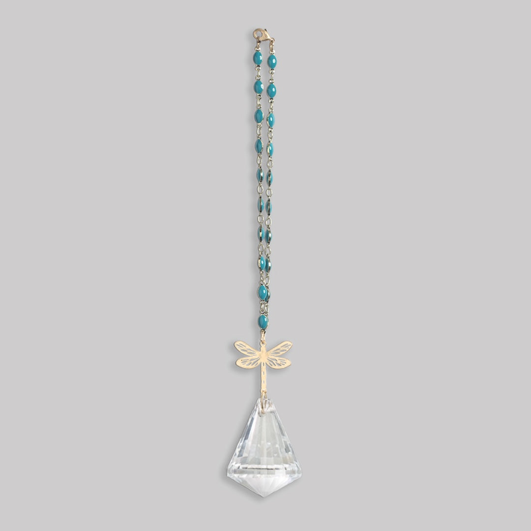 Scout Pocket Suncatcher with turquoise beads, gold dragonfly charm, and clear crystal pendant