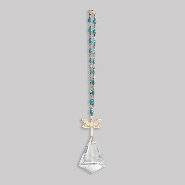 Scout Pocket Suncatcher with turquoise beads, gold dragonfly charm, and clear crystal pendant