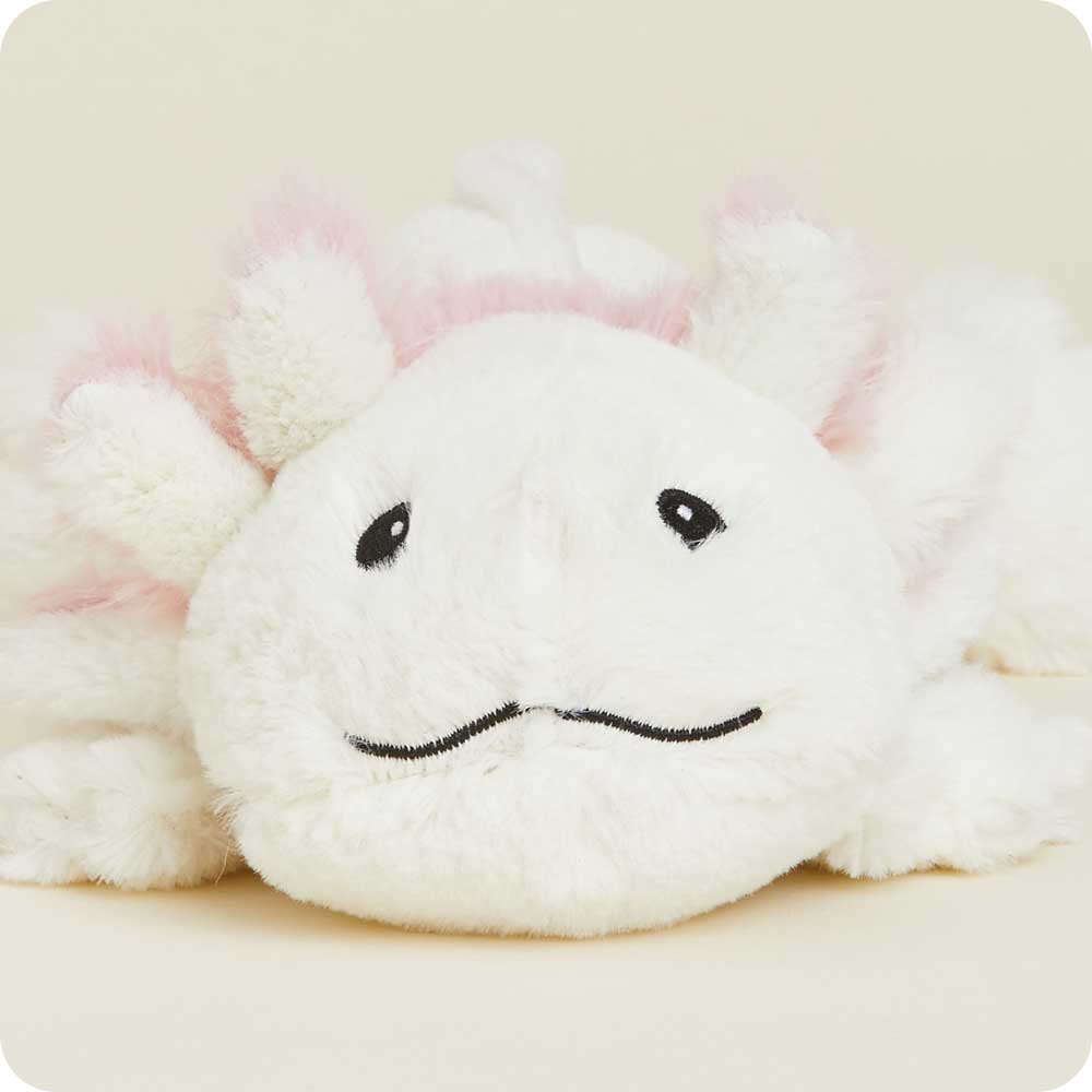 White plush axolotl stuffed animal with pink accents, black embroidered eyes and wavy mouth