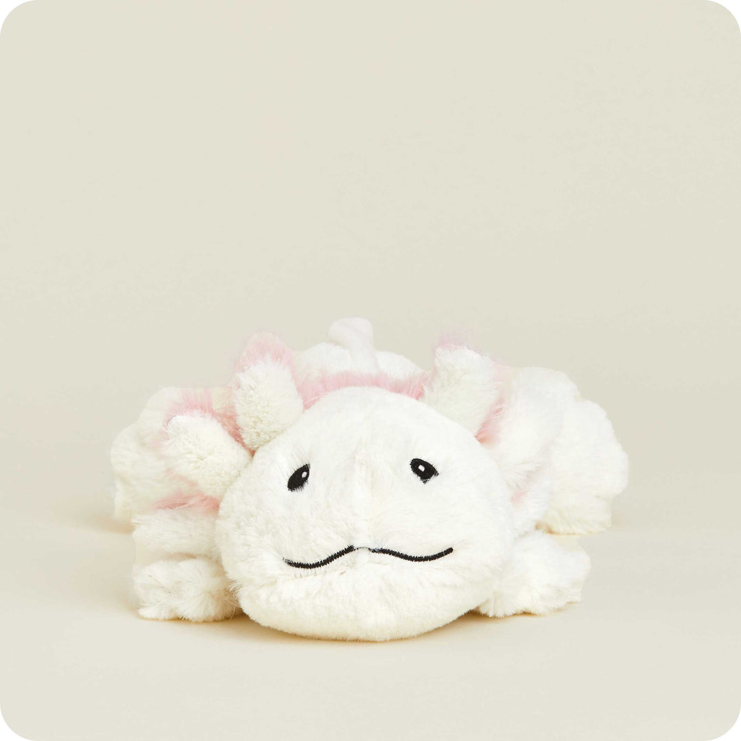 White plush axolotl Warmies stuffed animal with pink gills and embroidered face