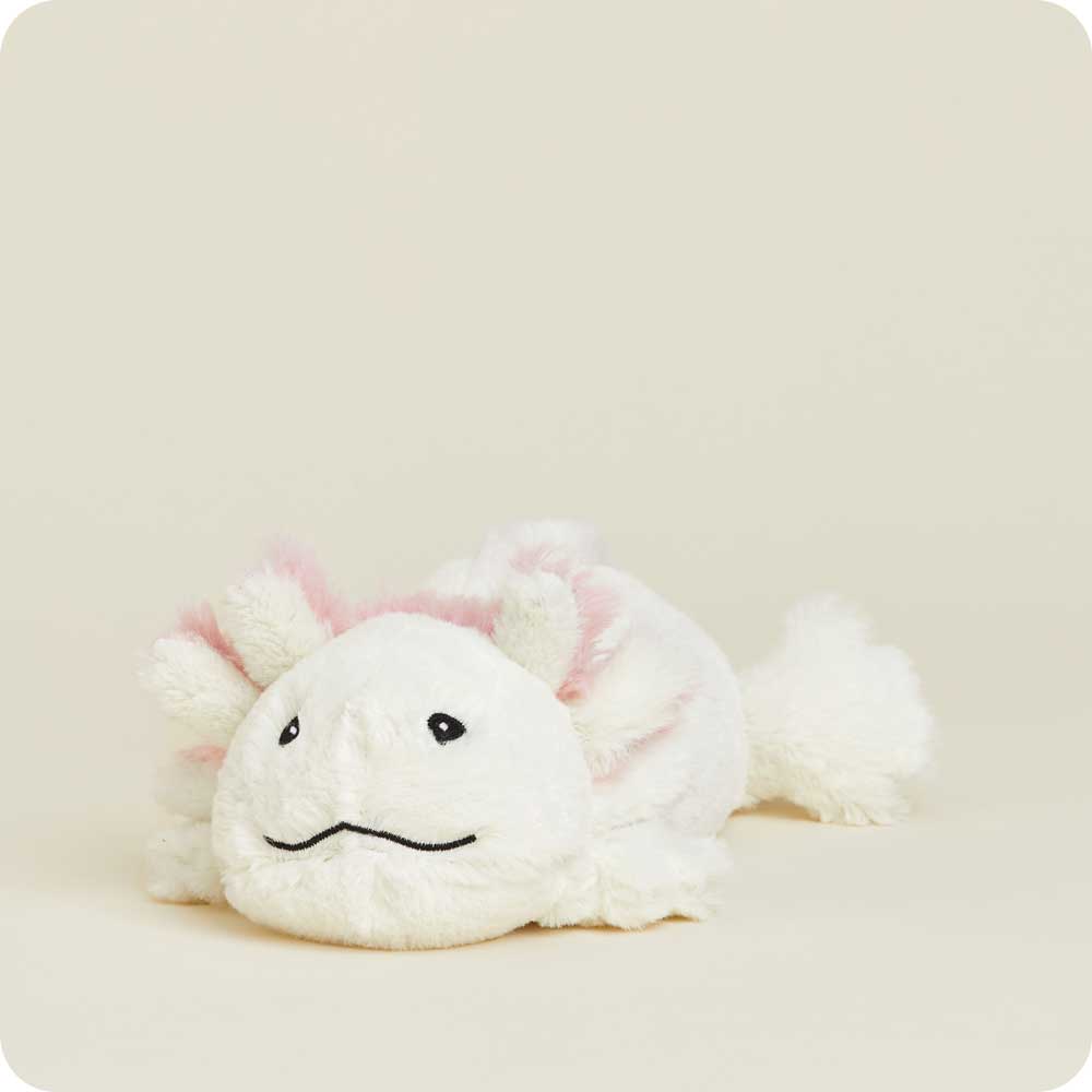 White plush axolotl Junior Warmies stuffed animal with pink gills and embroidered face