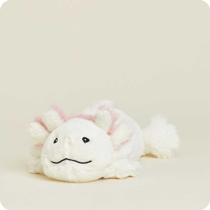 White plush axolotl Junior Warmies stuffed animal with pink gills and embroidered face