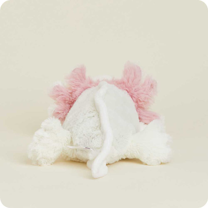Warmies Junior plush axolotl slippers in white with pink gills and fringe details