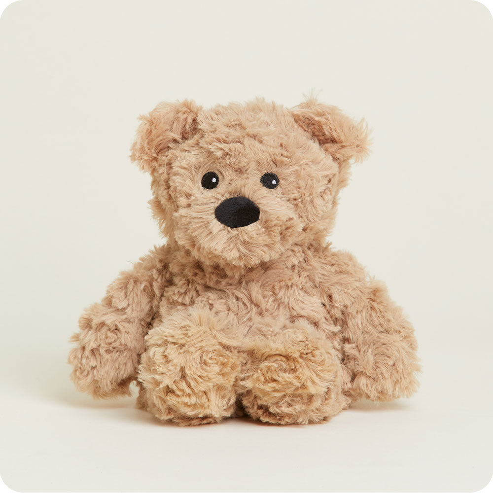 Warmies Junior brown curly textured plush teddy bear with black nose and eyes