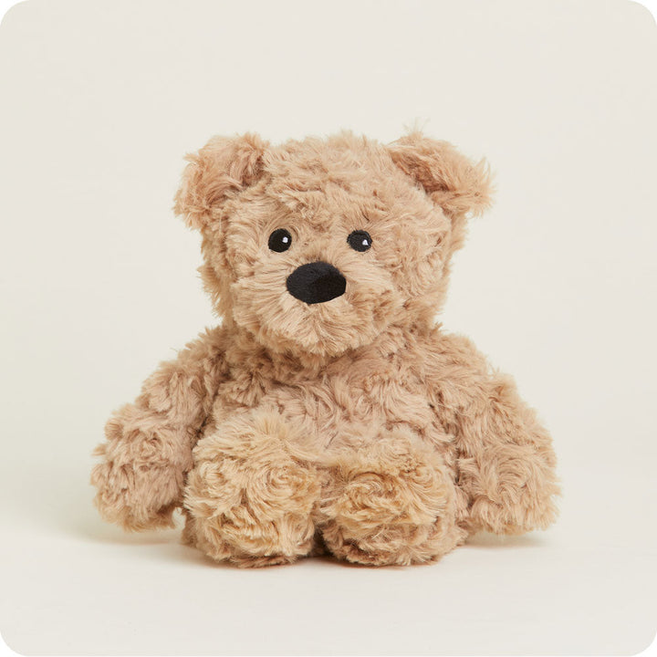 Warmies Junior brown curly textured plush teddy bear with black nose and eyes