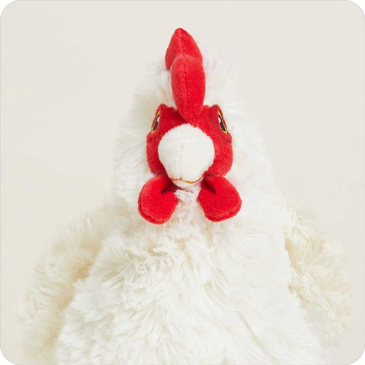 Warmies Junior plush chicken toy in white with red comb on clean background