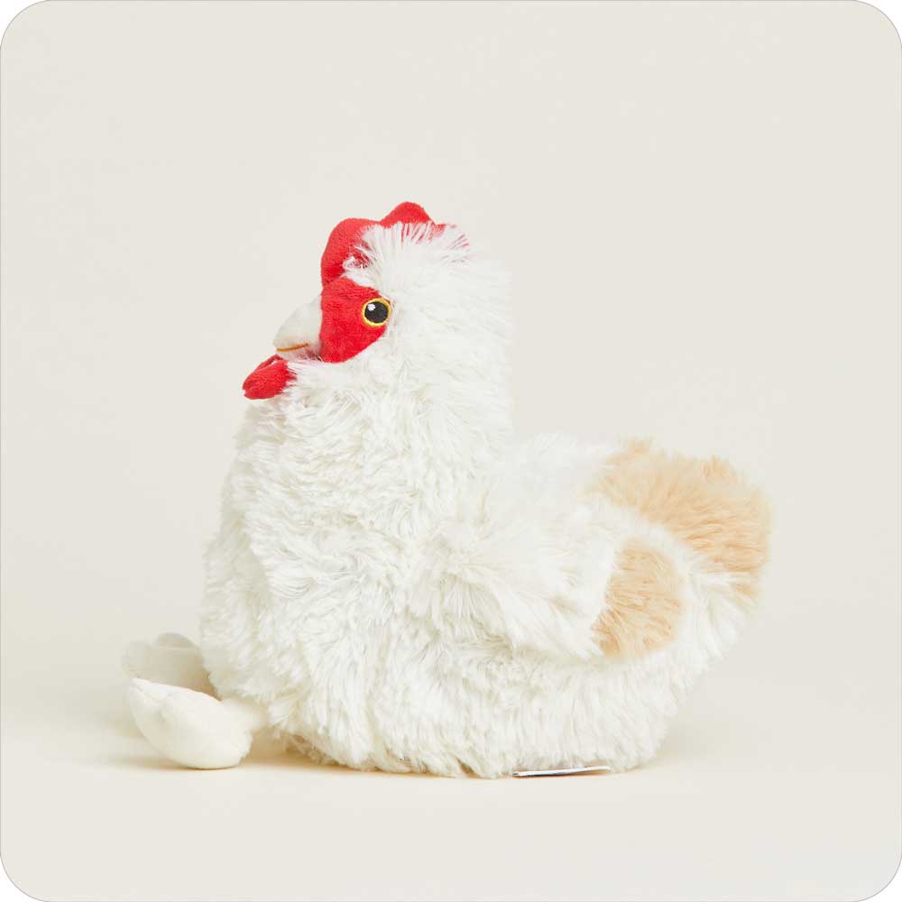 White plush Junior Warmies chicken stuffed animal with red comb on clean background