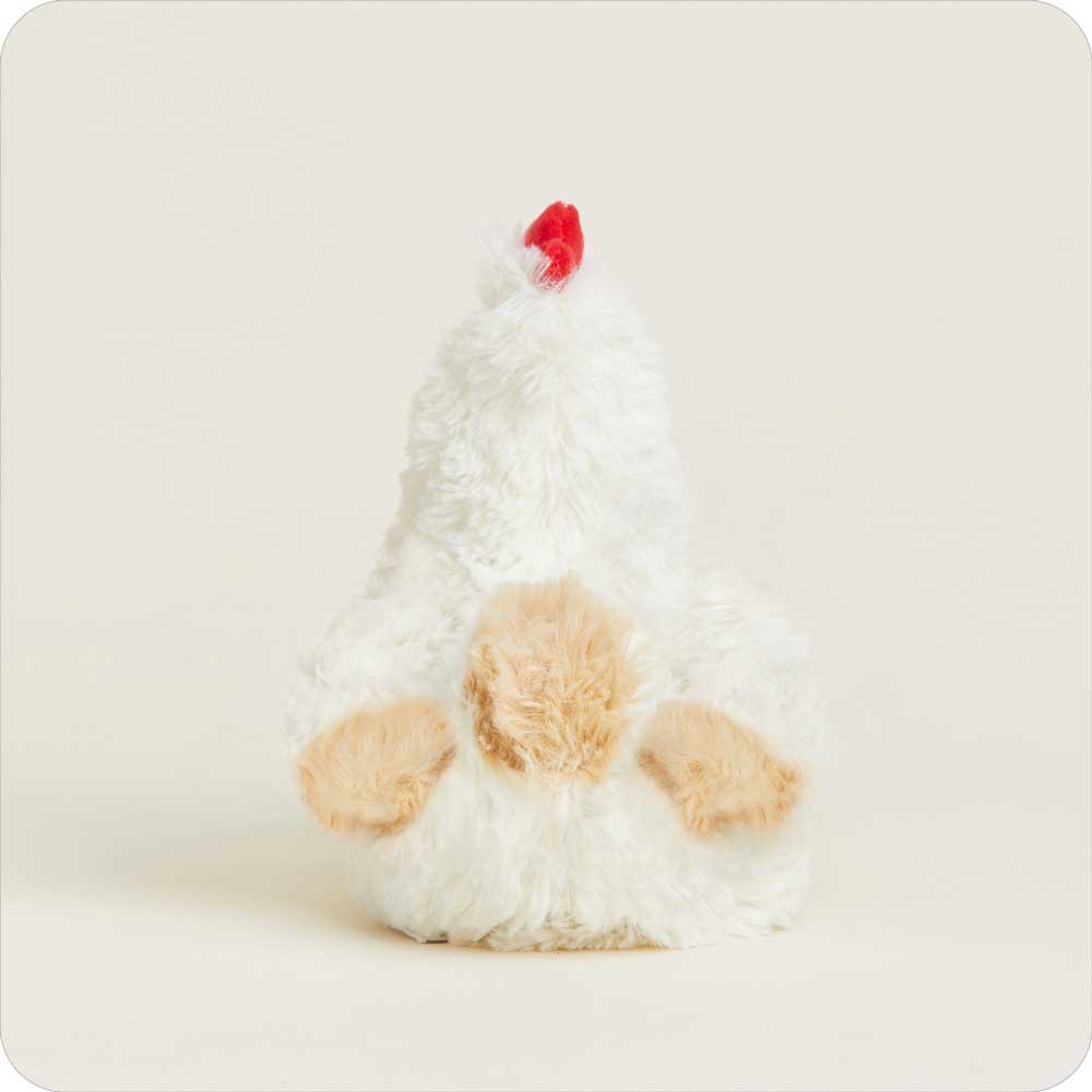White plush chicken Junior Warmies stuffed animal with tan wings and red comb