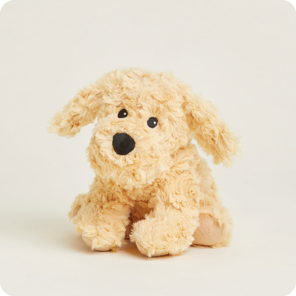 Warmies Junior golden plush dog stuffed animal with curly fur on white background