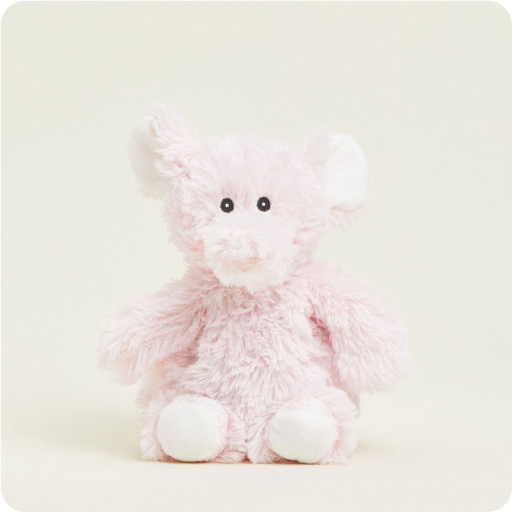Pink fluffy elephant plush toy with white accents and black button eyes