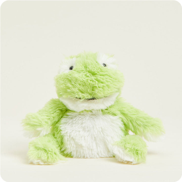 Green and white plush frog stuffed animal with fluffy texture