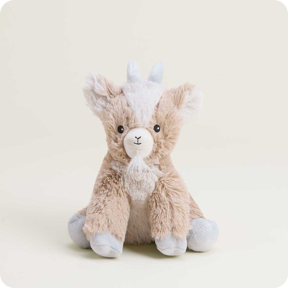 Warmies Junior plush brown and white goat stuffed animal with blue accents