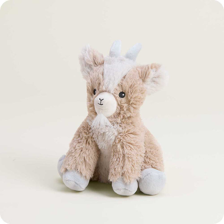 Junior Warmies plush goat toy in brown and white with blue accents