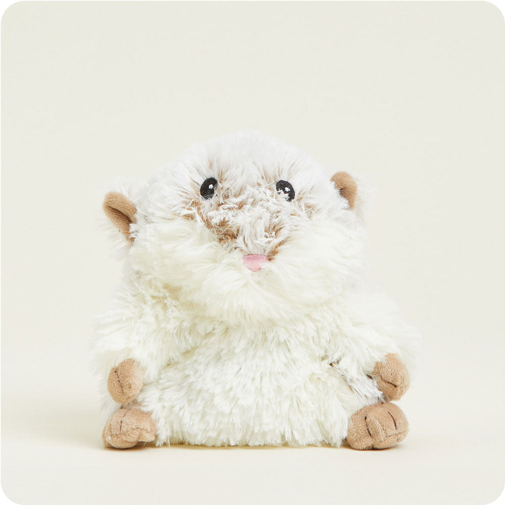 Junior Warmies cream and brown hamster plush toy on white background