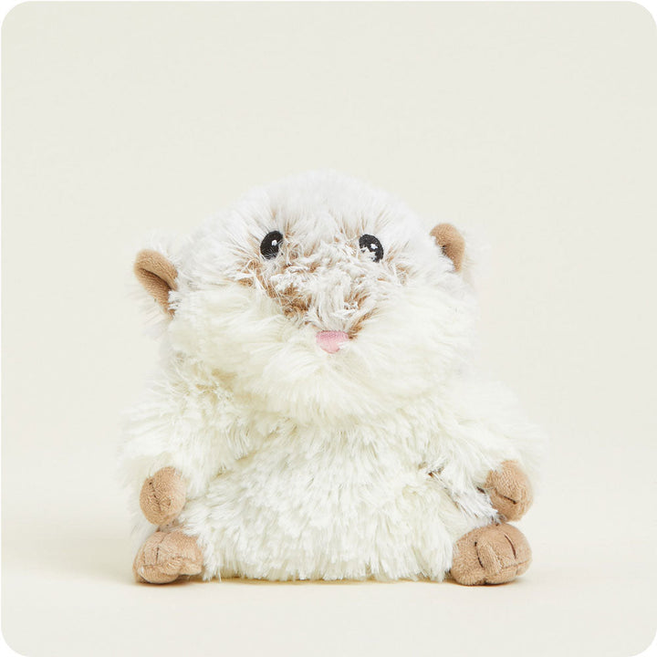 Junior Warmies cream and brown hamster plush toy on white background