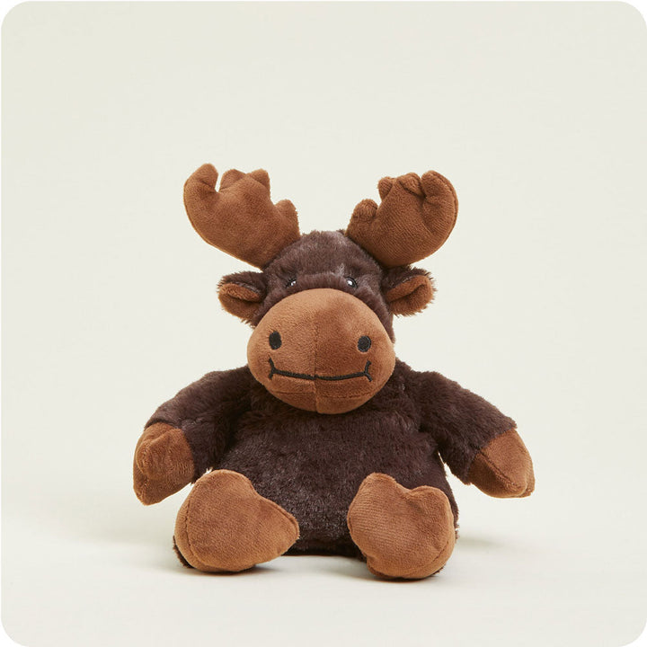 Brown Junior Warmies moose stuffed animal with tan snout and antlers on white background