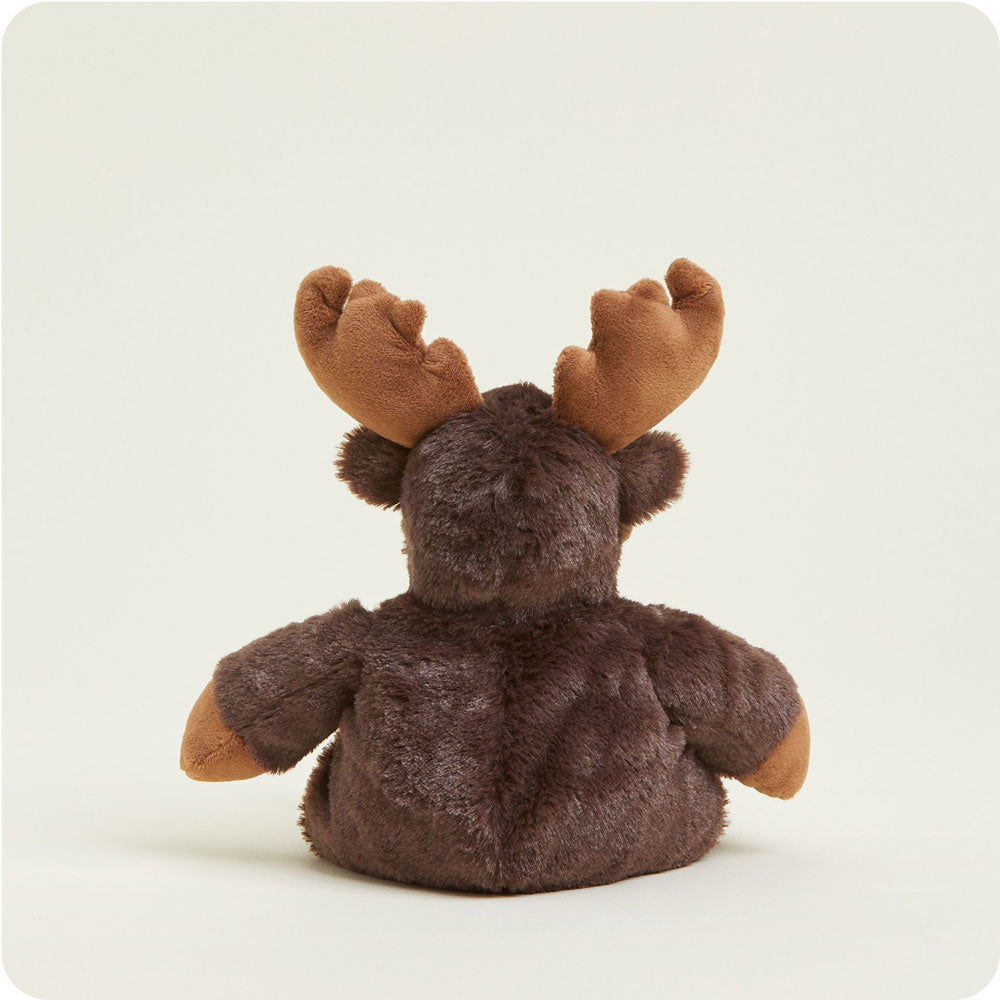 Junior Warmies brown moose plush toy with tan antlers viewed from back