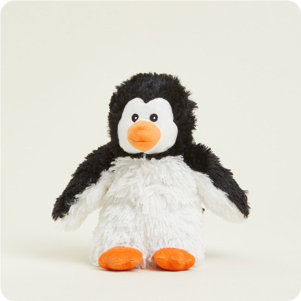 Warmies Junior penguin stuffed animal with black and white fur, orange beak and feet