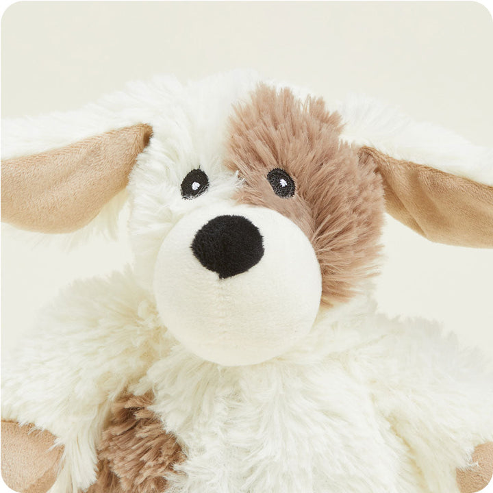 Junior Warmies plush puppy toy with brown and white fur, floppy ears