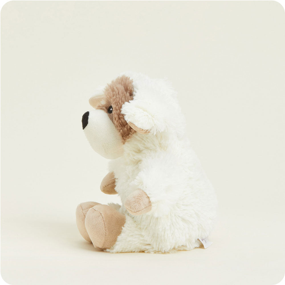 Junior Warmies plush puppy toy in white and brown colors against neutral background