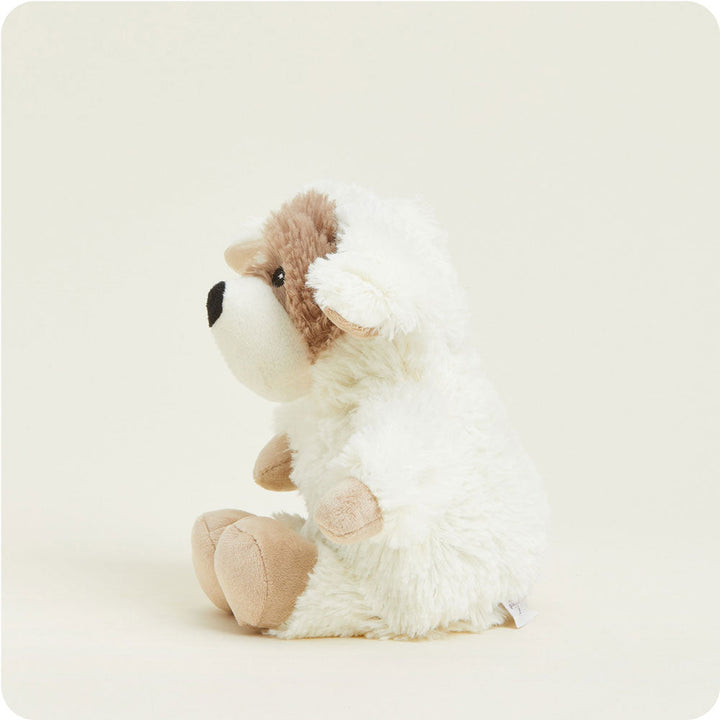 Junior Warmies plush puppy toy in white and brown colors against neutral background