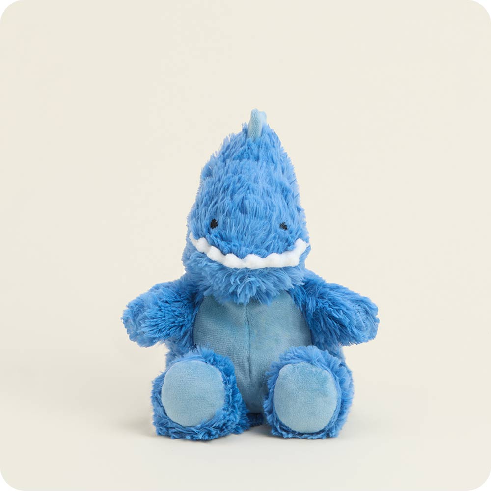 Blue plush dinosaur Junior Warmies stuffed animal with fluffy fur and light blue belly