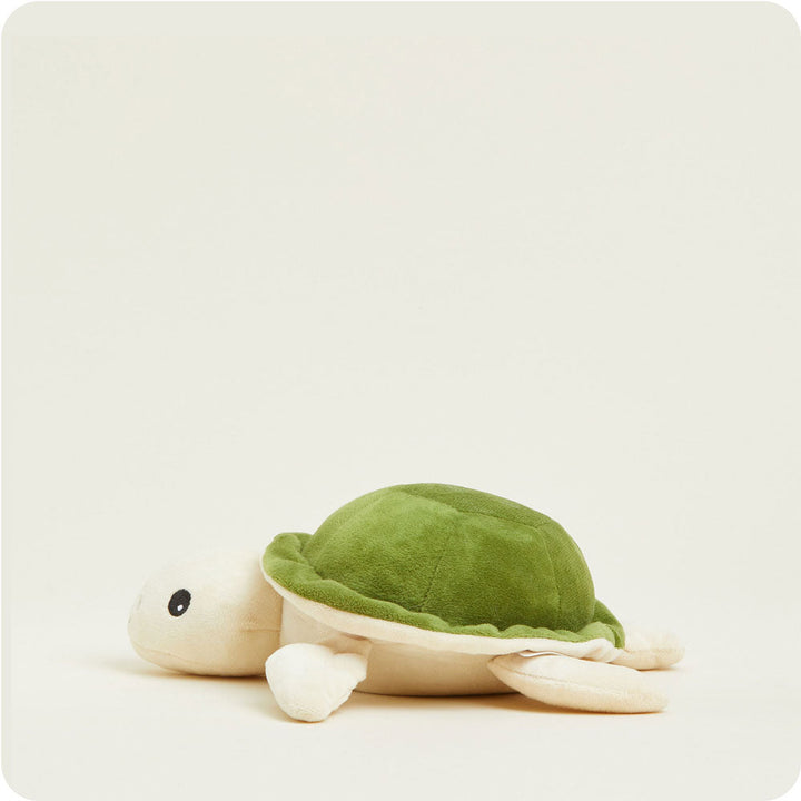 Warmies Junior turtle plush toy in green and cream colors on white background