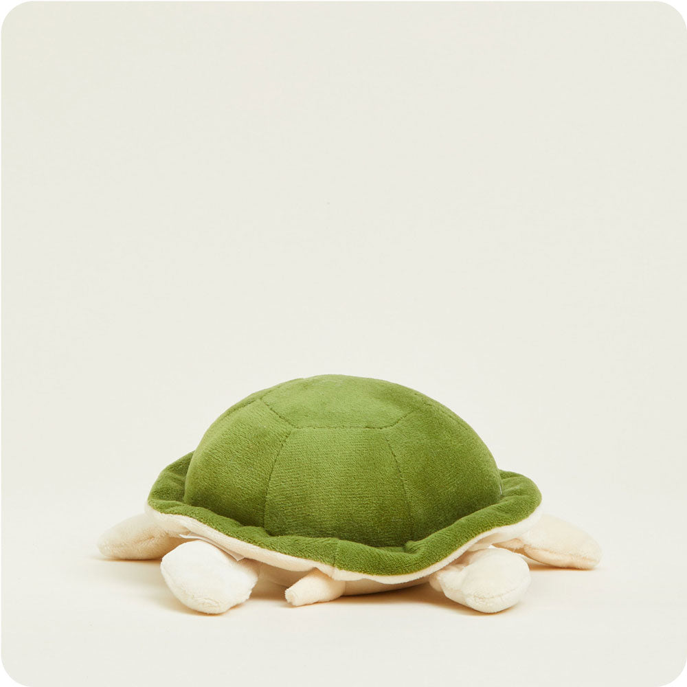 Green turtle plush toy with cream shell trim and limbs on white background