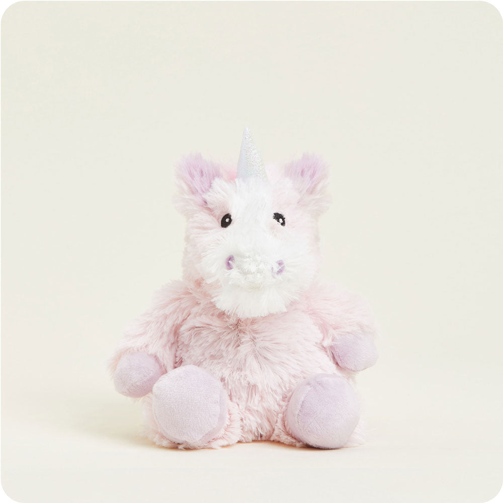 Pink and white plush unicorn stuffed animal with silver horn and soft fur