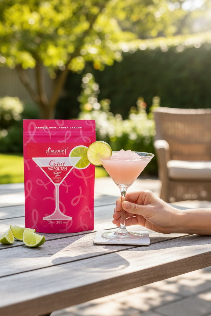 D'Marie Cause Mopolitan cocktail mix bag in pink with lime garnish and martini glass