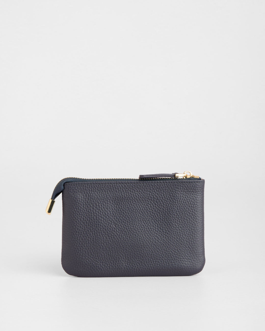 Navy blue leather coin purse with zipper closure and gold hardware