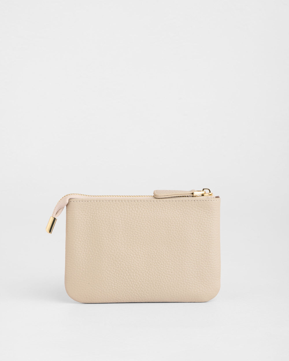 Stone beige leather coin purse with gold zipper and pull tab on white background