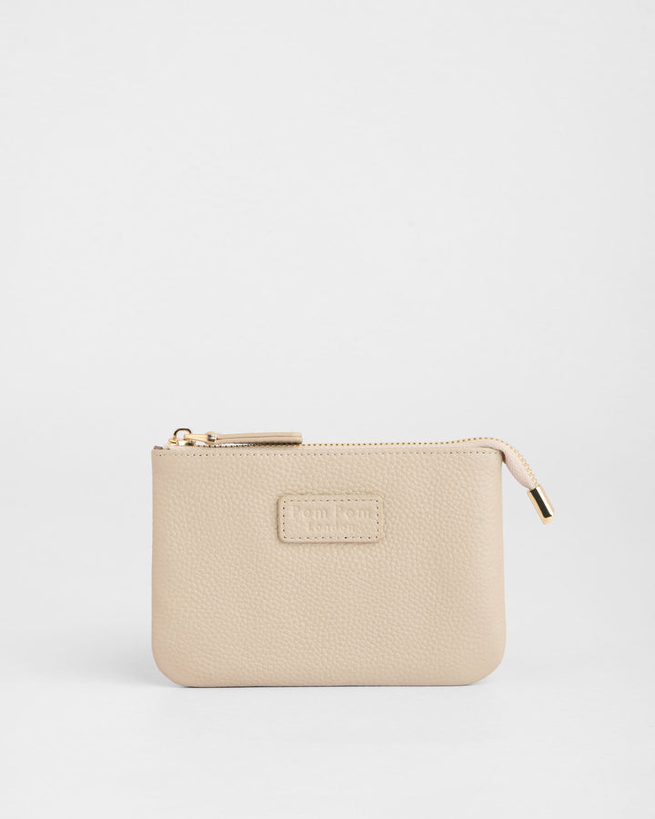 Pom Pom London Chelsea coin purse in stone beige leather with zipper closure