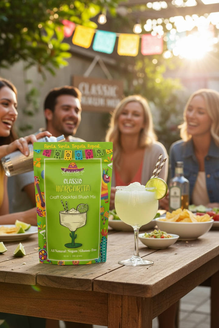 D'Marie Classic Margarita craft cocktail slush mix in green package with prepared drink
