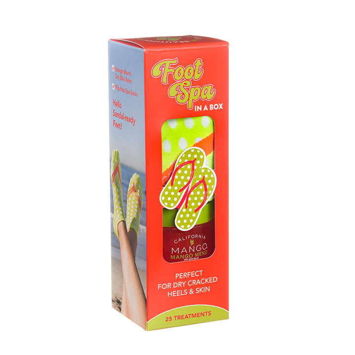 California Mango Foot Spa in a Box kit with lime green polka dot socks and Mango Mend balm