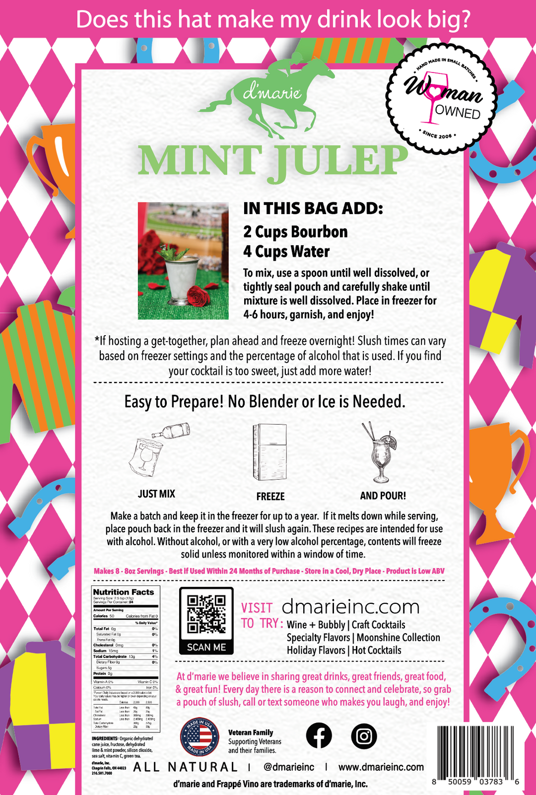 D'Marie Mint Julep cocktail mix bag with Kentucky Derby themed packaging and instructions